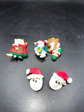 Vintage Christmas Pins & Earrings Set Santa Cat Bear Holiday Christmas Festive